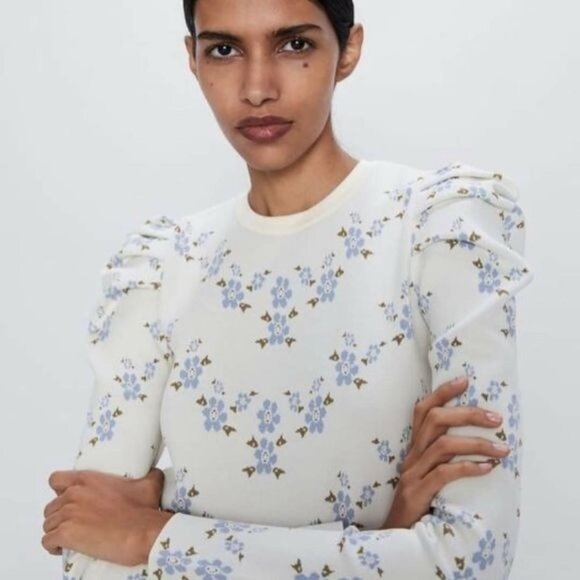 Kiss The Stars Floral knit blouse,Balloon Shoulder, Size XS - Picture 1 of 8